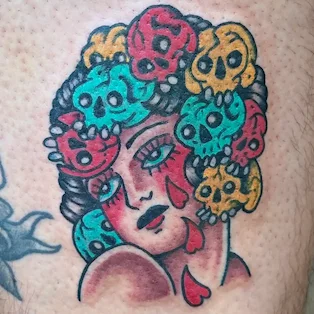 Crying lady with skull hair in bold traditional tattoo style by Dustin Gormley, Waikiki Hawaii